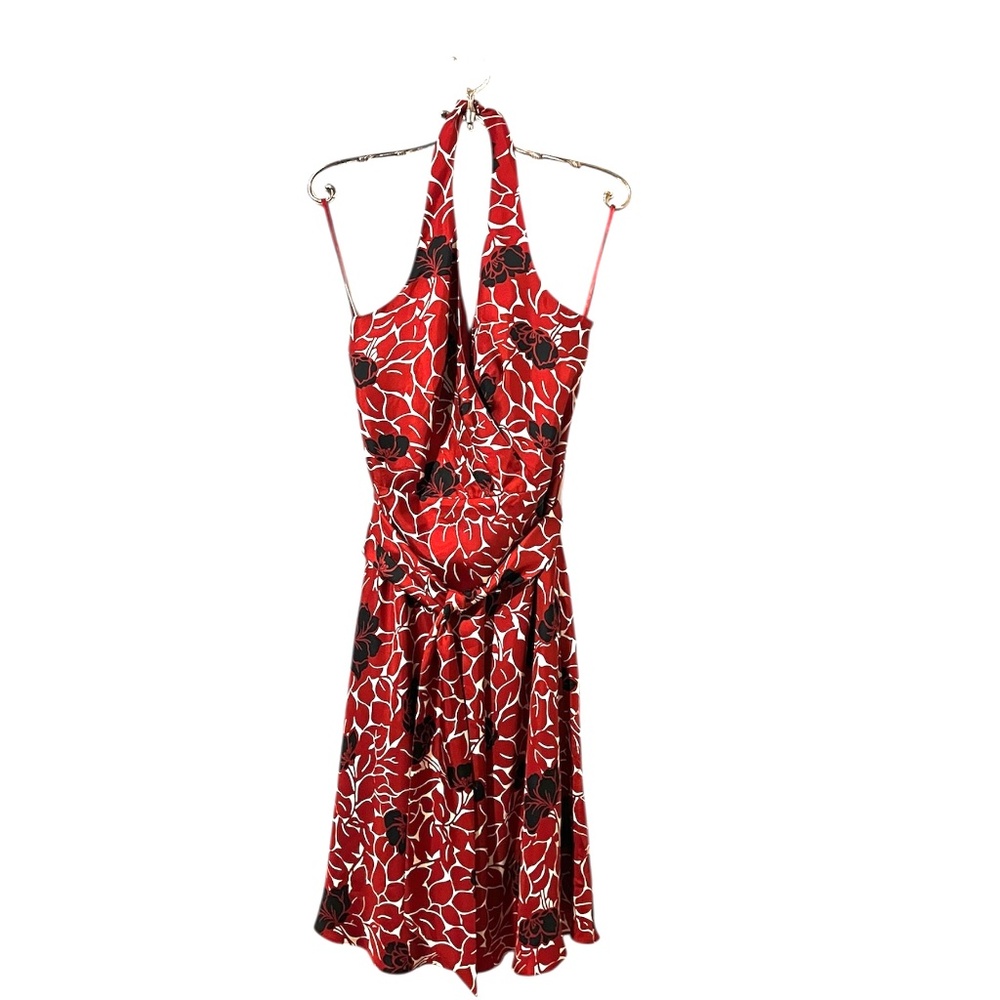 Ann Taylor Black and Red Halter Silk Flare Dress with Matching Tie Size 8